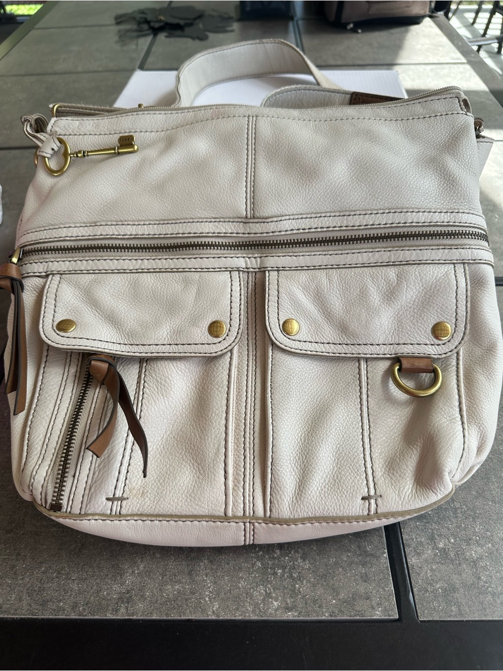 Fossil Cream Leather Shoulder Crossbody with Front Pockets